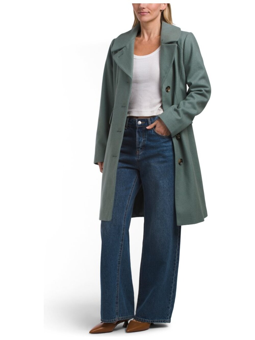 Anne Klein Wool Blend Reefer Coat Spearmint Green Notch Collar Knee Length